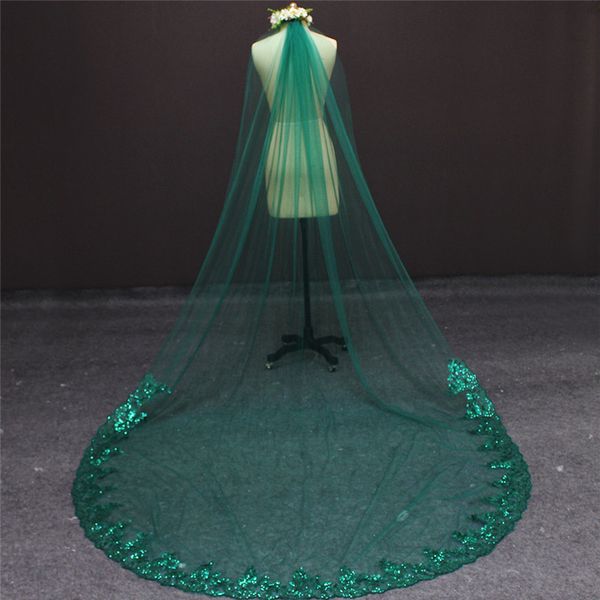 

gorgeous green wedding veil bling sequined lace single layer partial laced bridal veil with comb229h, Black