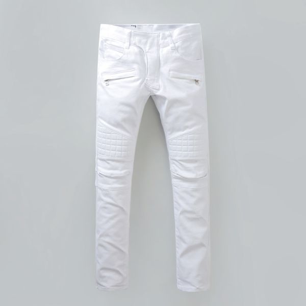 

wholesale-2016 new white coating casual-chic slim moto jean zipper pockets knee embroidered biker jeans for men locomotive pant,ma089, Blue