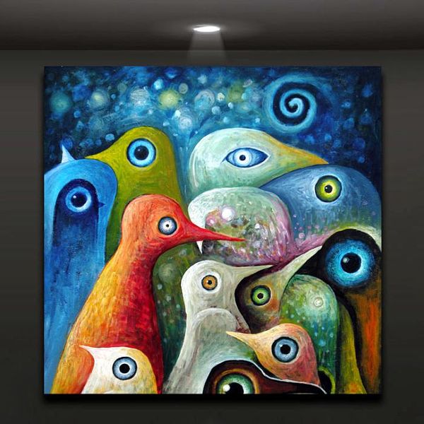 Acheter Encadré Coloré Oiseaux Peinture Pur Peint à La Main Moderne Abstrait Graffiti Animal Art Peinture à Lhuile Sur Haute Qualité Toile Taille