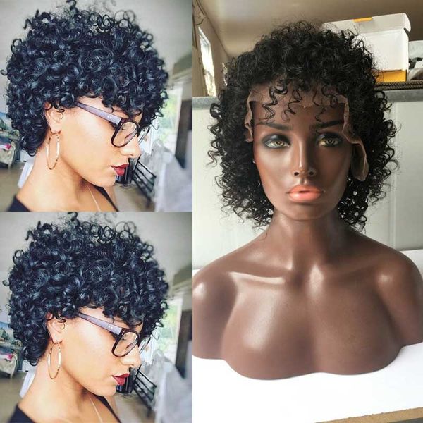 Encaracolado bob transparente frente do laço perucas de cabelo humano virgem malaio curto pixie corte peruca para preto feminino onda de água profunda perucas