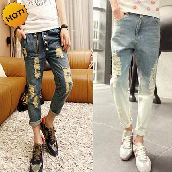 

wholesale-new 2016 hip hop teenagers hole ripped jeans men destressed zipper design gradient nine pants cargo overalls harem pantsbottoms, Blue