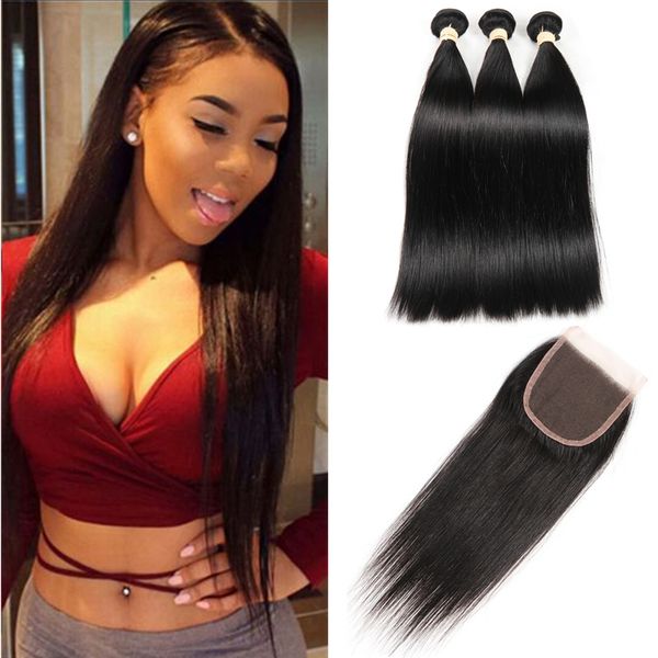 

бразильский виргинский пучок человеческих волос с закрытием прямые плетет закрытие и связки кружева закрытия с пучками перуанских волос круж, Black