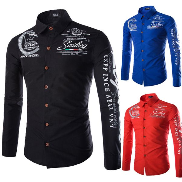 

New pring men hirt long leeved bu ine ca ual pirnt letter hirt blou e work top fitne dk9950c