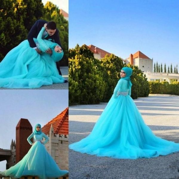 2017 Abiti da sposa Hijab Arabo Blu Tulle Pizzo Abiti da sposa in cristallo Una linea Sweep Train Manica lunga Abiti da sposa musulmani Custom Made