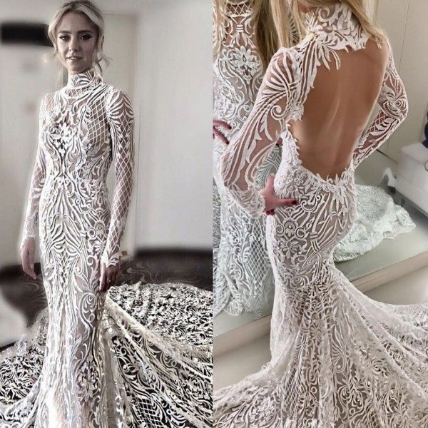 

полное кружевное свадебное платье с высокой спинкой на спине пляжные свадебные платья с скользящим шлейфом русалка плюс размер свадебные пла, White