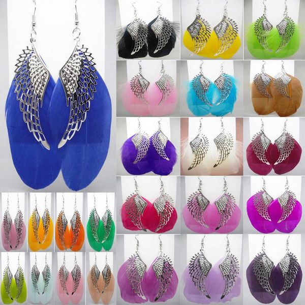 

Feather earring 24 color whole ale lot cute angel wing charm light dangle eardrop white pink and light blue lavender camel jf003