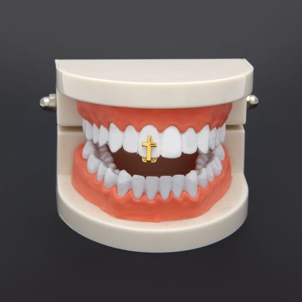 New Silver Gold Plated Cross Hip Hop Single Tooth Grillz Cap Top & Bottom Grill for Halloween Fashion Party Jewelry