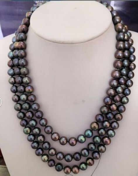 

3 row 9-10mm tahitian black pearl necklace 14k, Silver