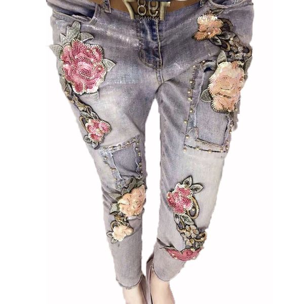 Atacado- Jeans de flores 3D LEVIAS DE BEADA TRUSTERS ESTRANDO 2017 Moda Feminina Flares Bordado Jeans