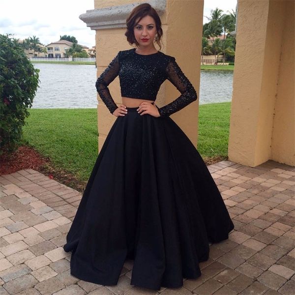 

black two pieces a-line prom dress 2023 crystal lace appliques illusion long sleeves satin evening gowns floor length jewel neck party dress