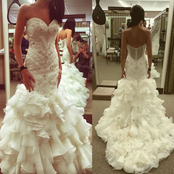 

real buyer show luxury crystal ruffles mermaid wedding dresses 2018 sweetheart full beaded fishtail garden church sottero wedding gown, White