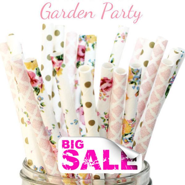 

wholesale-150pcs mix colors garden party paper straws,gold swiss dot,colorful flower,light pink damask,floral,,wedding,baby shower,bulk