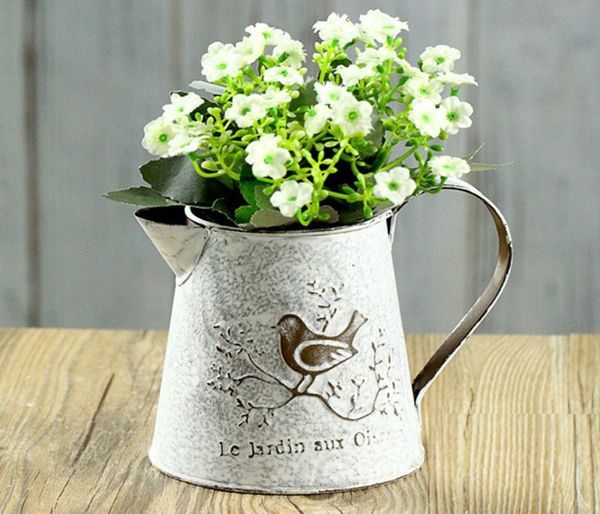 5pcs-pack estilo francês branco jarro gasto vintage rústico chique chique de metal corda zinco galvanizado vasos de flores jardim plantadores desktop balcony