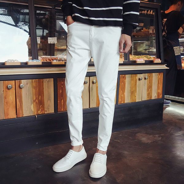 

wholesale- solid color men's demin fabric casual pants autumn winter long trousers white&black size 28-36 straight pants mq459