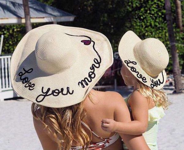 

Mother and daughter sunhats women summer handmade love you paillette fedora straw sun hat kids beach hat Big Brim Floopy Cap A0767