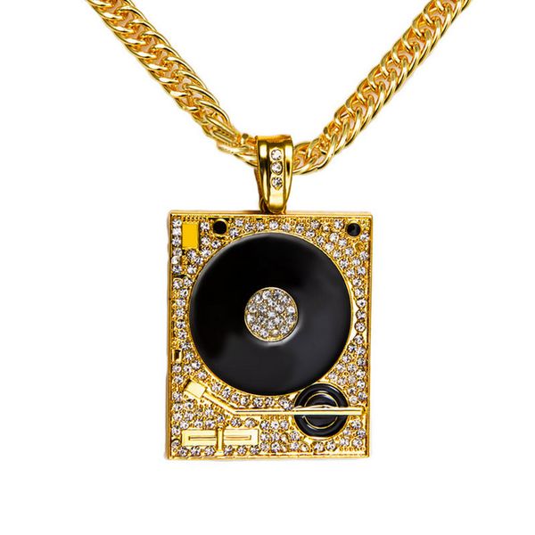 

New DJ Phonograph crystal Pendant Necklace Men women Hip hop Chain Music Rock Rap Necklaces Mens Jewelry free shipping