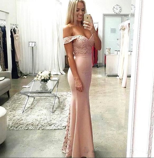 Simples Blush Rosa Longo Da Dama De Honra Vestidos Lace Top Off Ombro Prom Party Vestidos de Renda Sereia Vestidos de Noite de Noiva Vestidos de Convidado