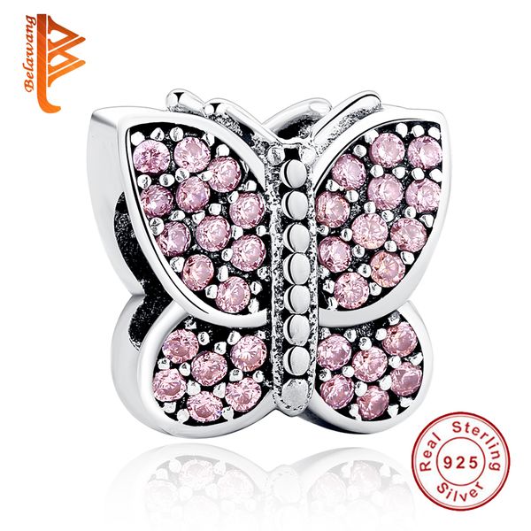 

BELAWANG бабочка форма ясно CZ бусины стерлингового серебра 925 розовый кристалл Шарм б
