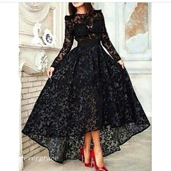 

fashion high low black lace prom dress long sleeves formal evening party gown custom made plus size