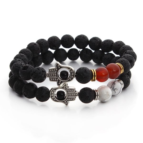 

wholesale-8mm nature black lava energy stone bracelet hamsa hand charm yoga mala bracelets for womens and men jewelry f3227, Golden;silver