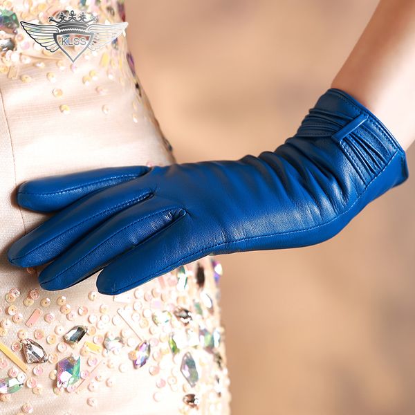 

wholesale- klss enuine leather women gloves goatskin gloves winter warm fashion elegant lady sheepskin glove 05-1, Blue;gray