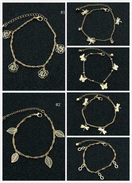 

delicated rose dragonfly butterfly women anklets gold tone 2 layer hollow out ankle bracelets foot chain barefoot sandals womens jewelry, Red;blue