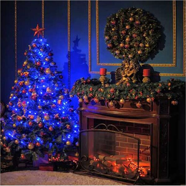 Sfondo blu scintillante dell'albero di Natale Fotografia Caminetto interno Computer stampato Decorazioni per la casa Sfondo per studio fotografico per bambini