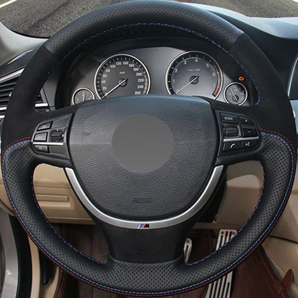 

xuji black suede genuine leather diy hand-stitched car steering wheel cover for bmw f10 523li 525li 2009 730li 740li 750li