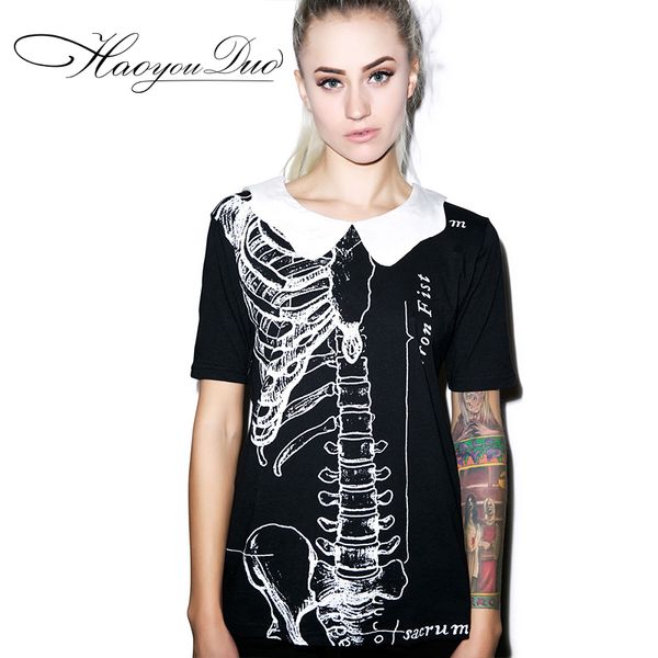 

wholesale-2015 summer new short sleeve skull print t shirt cotton plus size europe skeleton t-shirt peter pan doll collar women, White
