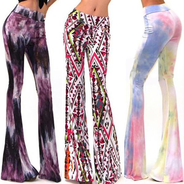 

wholesale- fashion women boho pants bell bottom high waist stretch slim floral print flare printing leggings hot, Black