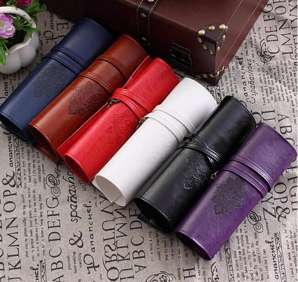 

wholesale- 5 colours vintage writing supplies school kids penci luxury roll leather make up cosmetic pen pencil case pouch purse bag