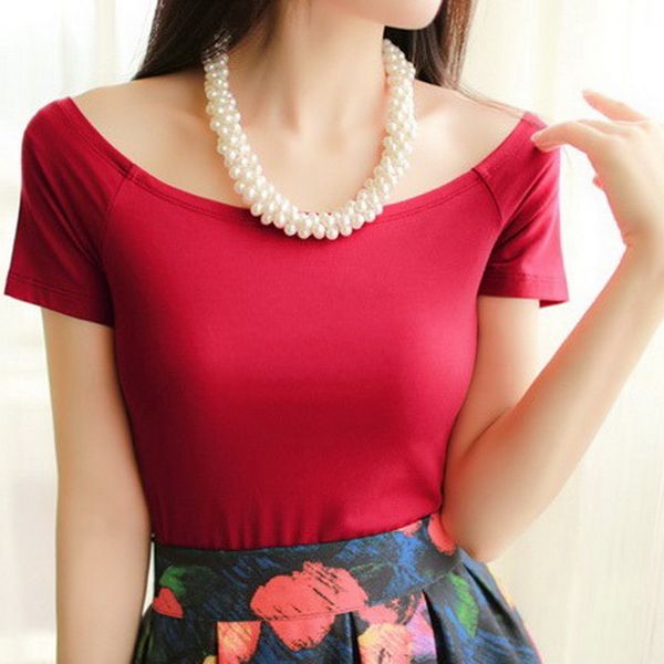 

women's t shirt summer fashion off the shoulder casual short sleeve cotton t-shirts black white red gray blue nv41 rf