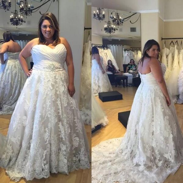 

plus size lace a-line wedding dresses 2017 sweetheart ruched beaded sash long bridal gowns custom made china en11101, White