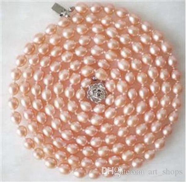 

7-8mm natural rice shape pink akoya cultured pearl necklace 34", Silver