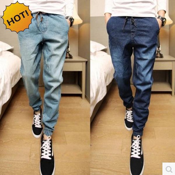 

fashion 2017 teenagers leg foot slim fit denim jeans men drawstring ankle banded pants boys hip hop harem pants 28-34 bottoms, Blue