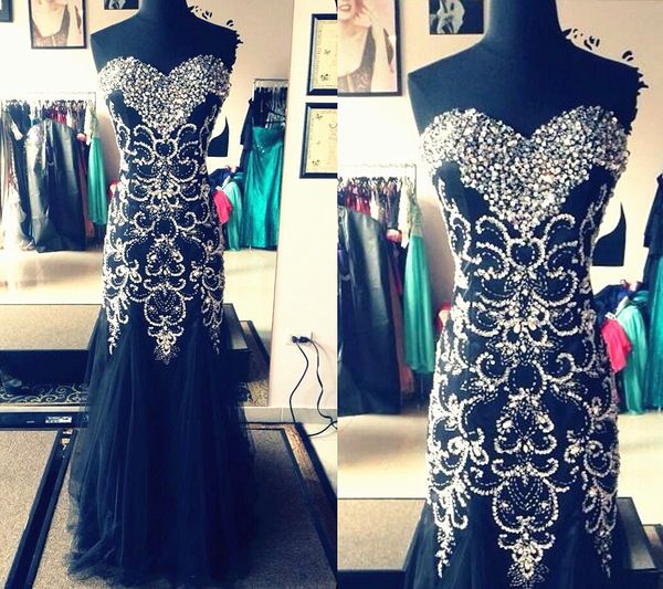 

Sexy Black Beading Crystal Sweetheart Evening Prom Gowns Mermaid Sleeveless Formal Party 2019 Trumpet Celebrity Floor Length