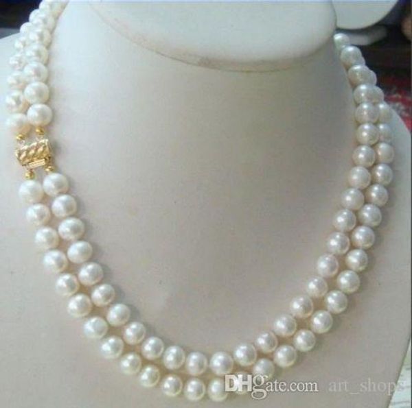 

2 row 9-10mm akoya real white pearl necklace 14k clasp, Silver