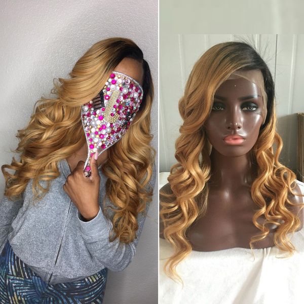 

#T1b / 27 два тона кружева фронт парик Glueless полный кружева парики человеческих волос для черных женщин девственные волосы боди-Вэйв парики