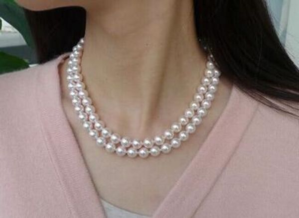 

double strands 8-9mm akoya white round pearl necklace17"18", Silver