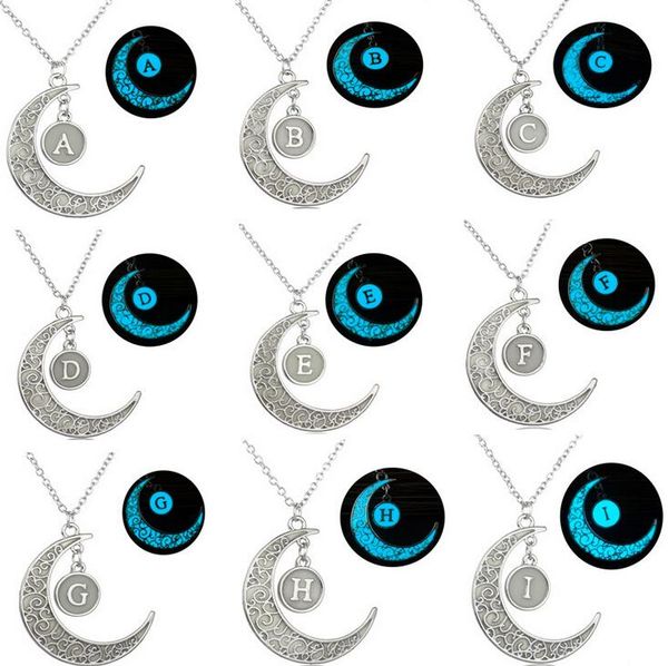 

gift 26 english letters diy necklace creative hollow moon luminous pendant wfn112 (with chain) mix order 20 pieces a lot, Silver
