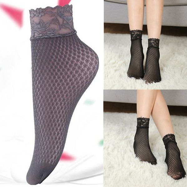 

wholesale-new girl women lace floral hollow ventilation net socks short slim socks clothing accessories black white grey