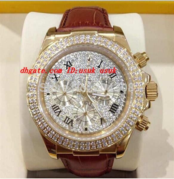 Relógio masculino novo em folha ouro amarelo 18k Pave Diamond Dial 116509 movimento mecânico automático pulseira de couro com caixa de presente