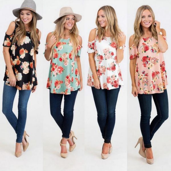 

Casual Summer Ladies Loose Flower Floral Print Short Sleeved Open Shoulder Jumper Tops Womens O-Neck Blouse T-Shirt Shirt Tee