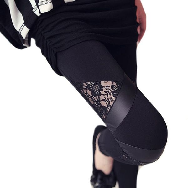 

wholesale- charming lace hollow out leggings skinny stretch pants for autumn winter triangular lace pu leather leggings whole seasons, Black