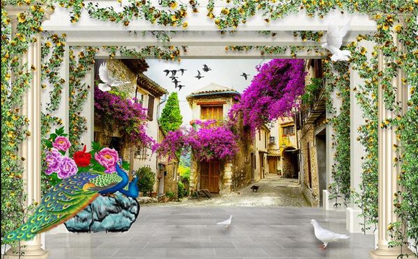 Top clássico clássico 3D Estilo europeu Pastoral 3d European Architecture Flower Vines Roman Column TV Background Wall