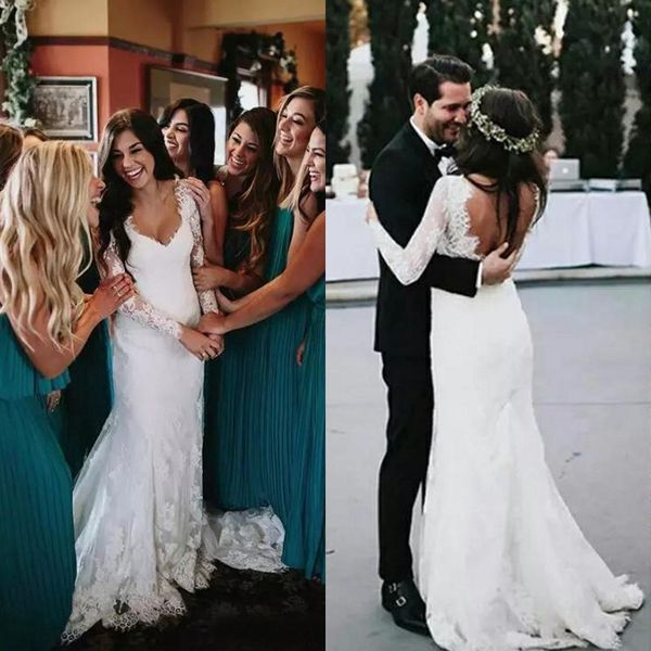 

boho wedding dresses 2017 backless lace long sleeve mermaid open back bridal gowns bohemian custom made china en10144, White