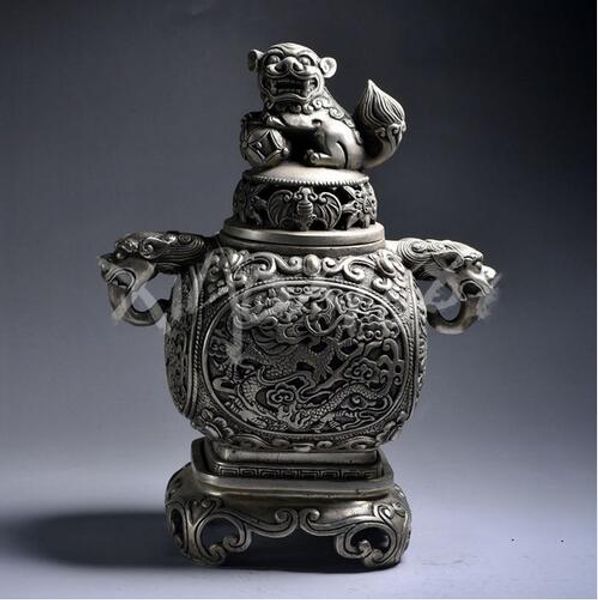 Bellissimo bruciatore di incenso cinese tibetano in argento scolpito a mano con statua di leone