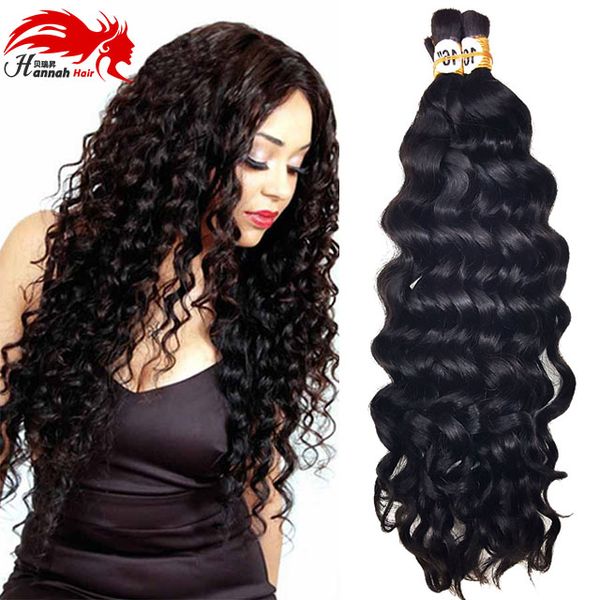 

hannah product deep wave brazilian human hair for braiding bulk no attachment, natural 3pcs 150gram bulk hair human braiding hair bulk, Black
