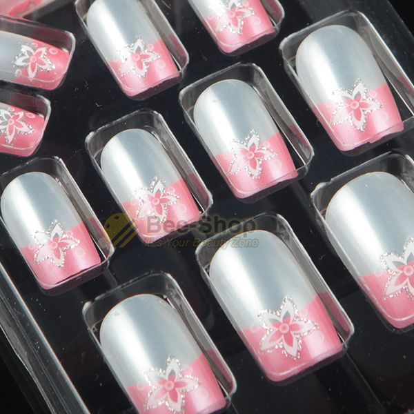 

wholesale- full sizes 24pcs acrylic full cover nail tips false nail art with glue pre designed fake nail tips artificial nails designs 124, Red;gold