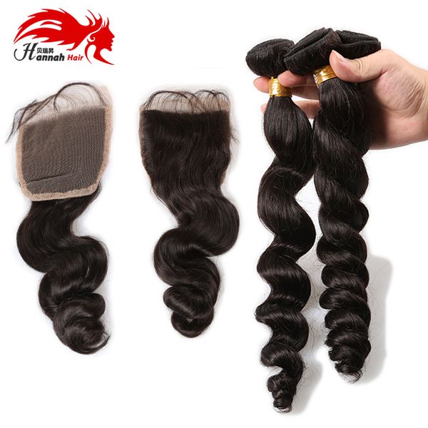Hannah Product 3 пакета девственные волосы перуанская свободная волна с шелковым основанием закрытие скрытых узлов, 100 г / шт, необработанные человеческие волосы
